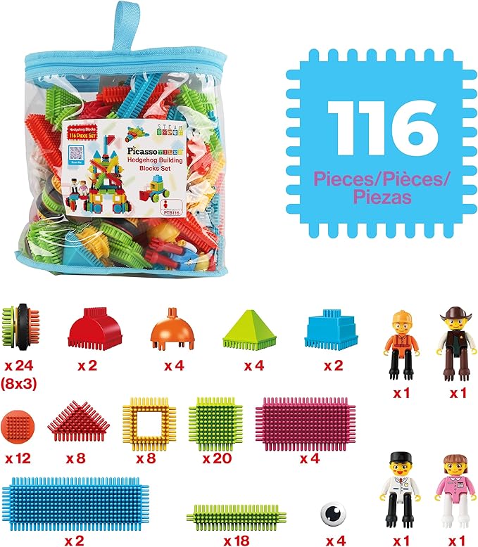 PicassoTiles 116pc Hedgehog Building Blocks Construction Toy Set with Interlocking Tiles Idea Book 4 Action Figure Characters and Decorative Eyes STEM Educational Playset for Kids Ages 3 Plus PTB116