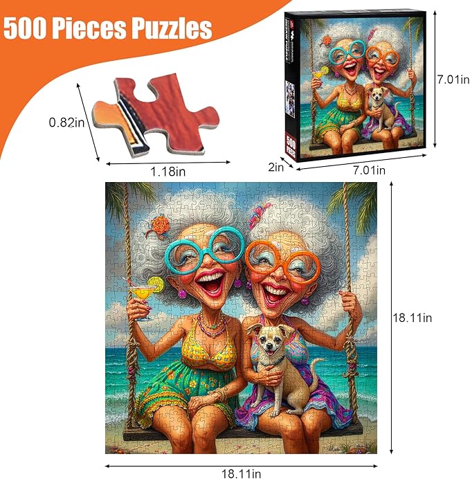 Old Woman Puzzles for Adults 500 Pieces - Happy Grandma Paper Puzzle, Funny Elderly Sisters Beach Swing Puzzle, Ladies Friends Puzzles, Home Decor Challenge Gift for Old People and Best Women Friend