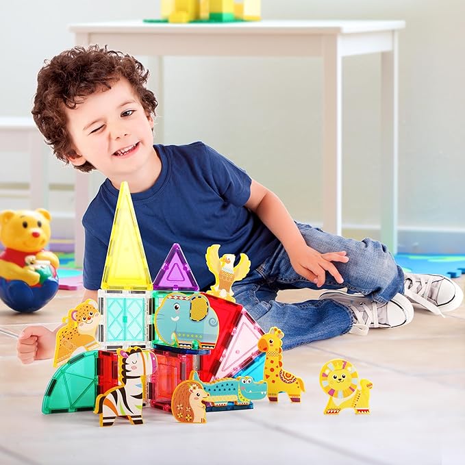 PicassoTiles Magnet Building Blocks 8 Safari Animal Magnetized Action Figures Compatible with Magnetic Assembly Build Tile Toys Accessory Toyset STEAM Educational Learning Girls Boys Ages 3+ PTA22