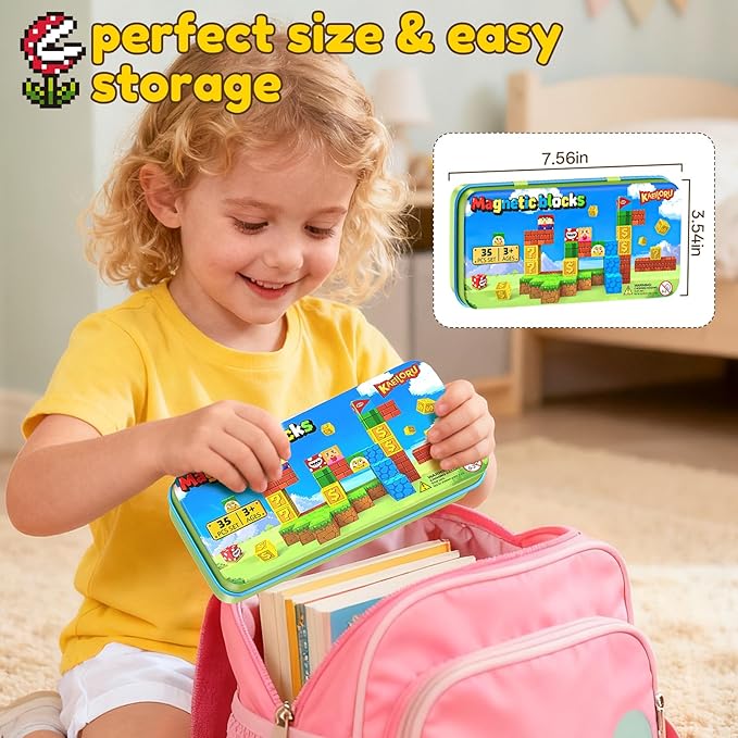 Magnetic Blocks Travel Toys for Kids Ages 4-8, 35 PCS Magnetic Cubes STEM Learning Set with Portable Iron Storage Box Construction Learning Toys for Toddlers Ages 3-5