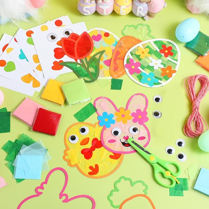 24 Pack Easter Suncatcher Craft Kit Easter Window Art Kit Bunny Carrot Egg Crafts Window DIY Tissue Paper Suncatcher Decoration Ornament for Classroom Art Party Favor Supplies
