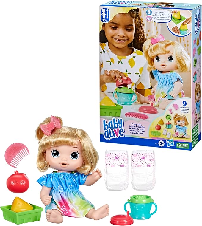Baby Alive Fruity Sips Doll, Apple, Toys for 3 Year Old Girls, 12-inch Baby Doll Set, Drinks & Wets, Pretend Juicer, Kids 3 and Up, Blonde Hair