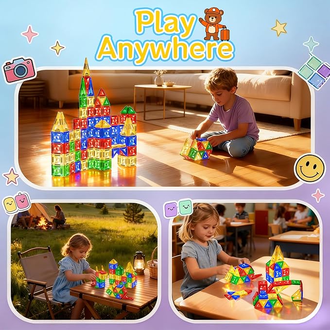 60pcs Mini Magnetic Tiles for Kids Ages 3-8,Travel Magnetic Building Blocks with Metal Storage Box, STEM Educational Toys, Montessori Sensory Learning Toys for Toddlers, Gift for Boys & Girls