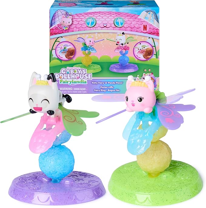 Gabby's Dollhouse Fairylandia, Kitty Fairy & Pandy Paws Flutter-riffic Fairy Rings 2-Pack with Display Stands, Kids Toys for Girls & Boys Ages 3 and Up