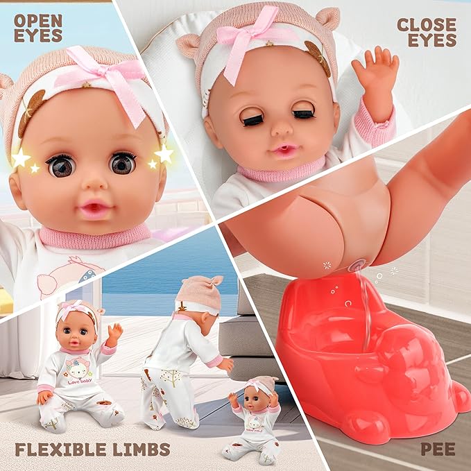 SMILESSKIDDO 14" Baby Doll with Washable Dolls Accessories, Lifelike Soft Babydoll Pretend Play Includes Carrier Bassinet Bed, Doll Clothes, Feeding Set, Gift Idea for Girls 1 2 3+ Year Old