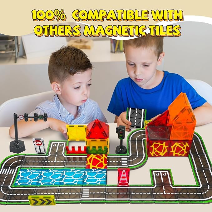 Magnetic Tiles Road Set with Pullback Car & Magnet Ship,Traffic Themed Magnetic Building Tiles Set with Traffic Light,STEM Magnet Tile for Kids Ages 3-5 4-8 5-7,Preschool Educational Kids Toys Gifts