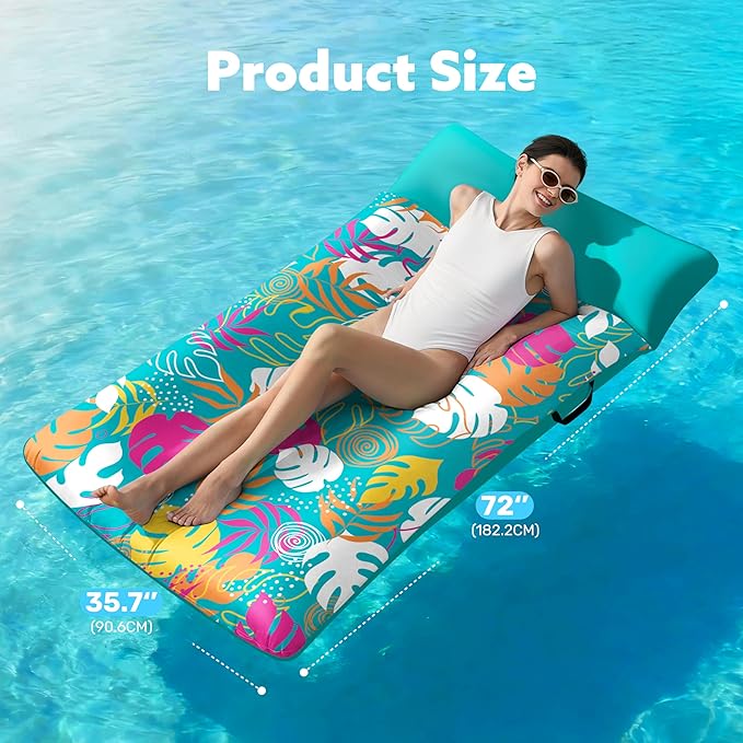 SLOOSH Inflatable Pool Floats Lounger - XL Fabric Covered Pool Mat Floaties for Adults, Ultra Comfort Water Floating Lounger with Headrest for Beach Lake Swimming Pool Float Raft 68"X34"