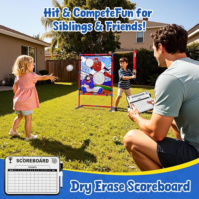 JoyCat Baseball Games for Kids,Toddler Baseball Practice Equipment with Adjustable Height Target for Throwing and Batting,Strike Zone,Tball Bat,4 Soft Balls,Easter Basket Stuffers for Boys Girls