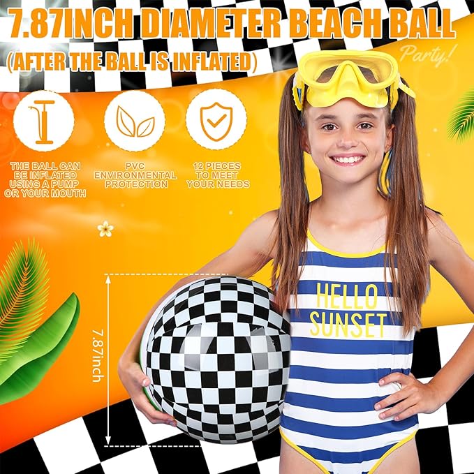 6 Pack Black and White Beach Balls 7.87" Checkered Flag Themed Inflatable Beach Ball Bulk Race Car Birthday Party Supplies for Summer Pool Party End of the Year Decoration Favor