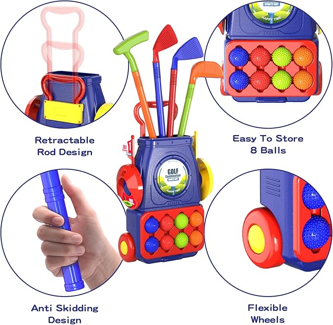 QDRAGON Kids Golf Clubs, 2 in 1 Toddler Golf Set with 8 Balls/Cornhole Board & Putting Mat/Golf Cart with Wheels, Indoor Outdoor Sport Toys Gifts for Boys Girls Ages 3 4 5 6+, Blue
