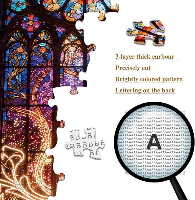 Cathedral Stained Glass Jigsaw Puzzle 1000 Pieces for Adults - Neon Light Effect Puzzle, Impossible Challenge Puzzle Decorative Wall Art for Living Room, Unique Gift 50x70cm (19.7x27.56in)