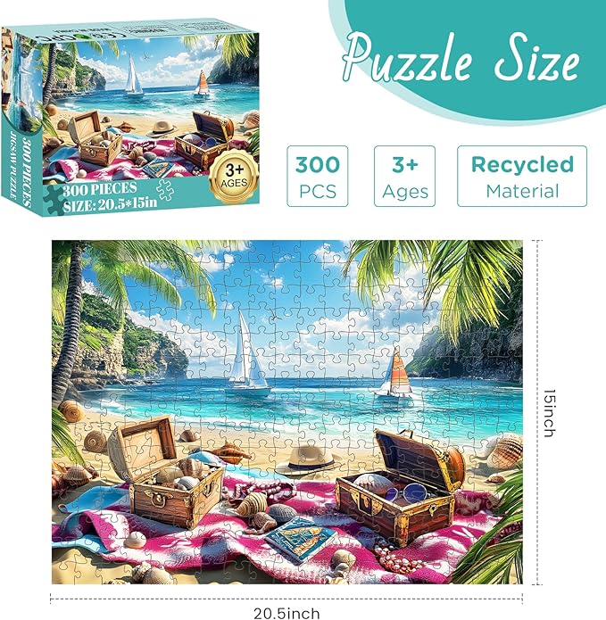 Jigsaw Puzzle for Adults 300 Piece, Beach Treasure Puzzles 300 Piece Jigsaw Puzzles, Sea 300 Pieces Jigsaw Puzzles, Challenging Puzzle for Adults, Family Game, Home Decor Gift, 20.5 x 15 Inches