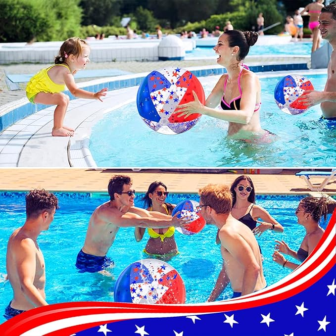 5 Pack Patriotic Sequins Beach Ball 24 Inch 16 Inch Pool Toys Balls Giant Red White and Blue Stars Glitters Inflatable Clear Beach Ball Swimming Pool Water Beach Toys Outdoor 4th of July Party Favors