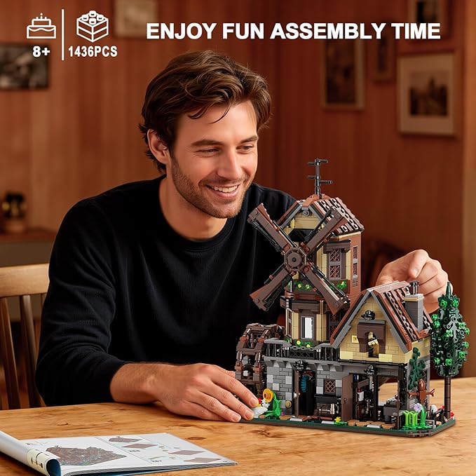Wood Cabin Building Set with Light, Mechanical Farm House Building Block Toys with Rotating Windmill Waterwheel Castle Architecture Model Set 1436 Pcs for Adults Teens Kids Boys Girls 10-12+