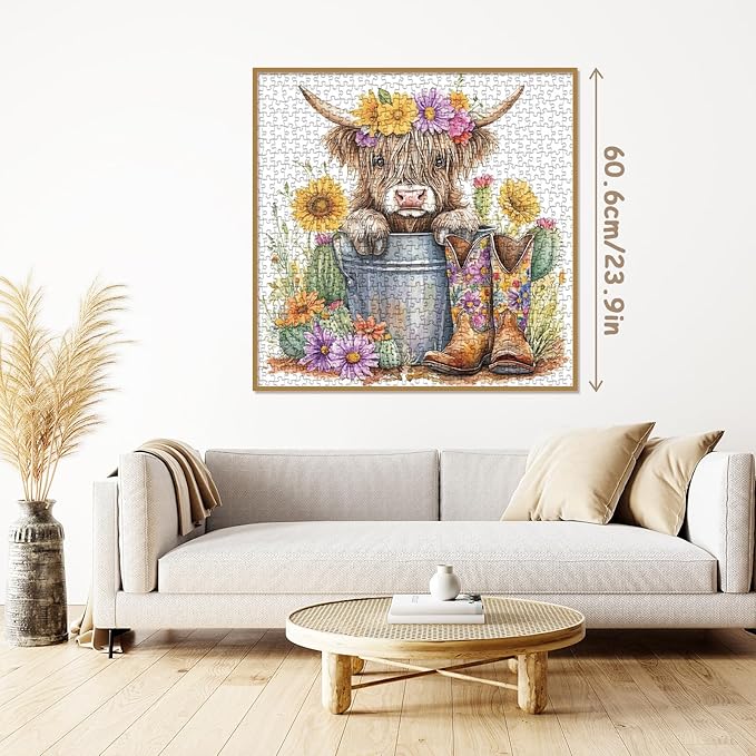Highland Cow Sunflower Puzzle for Adults 1000 Pieces, Cute Animal Flower Jigsaw Puzzle, Colorful Cactus Floral Watercolor Painting Puzzle