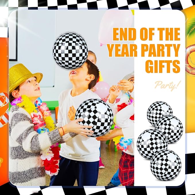12 Pack Black and White Checkered Flag Themed Beach Ball for Kids 7.87" Bulk for Summer Pool and Beach Game Gifts Race Car Birthday Party Supplies and End of The Year Class Decorations Favor