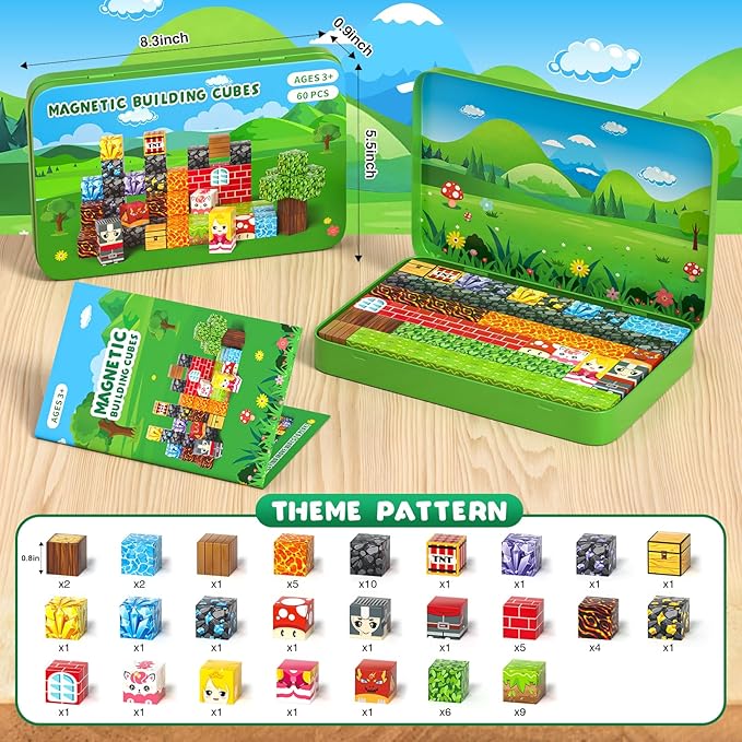 Axirata 60PCS Mini Magnetic Blocks Travel Set for Kids, Mini Magnetic Tiles Building Cubes with Portable Iron Box, STEM Learning Sensory Toy for Toddler Boys Girls Age 3-5 4-8 8-12+
