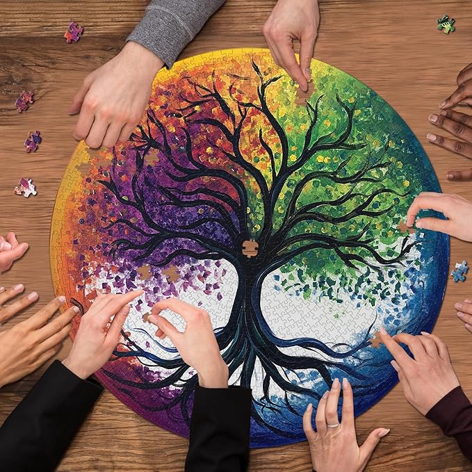 Tree of Life Puzzles 1000 Pieces for Adults, Colorful Rainbow Tree Jigsaw Puzzles, Challenging Round Plant Puzzle as Home Decor