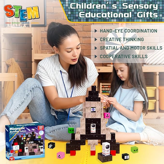 Goody King 100PCS Space Rocket Magnetic Building Blocks |Space Adventure Magnetic Blocks Set, STEM Montessori Stacking Toy, Building Playsets for Boys and Girls Ages 3-10,Sensory Tile Easter Gifts