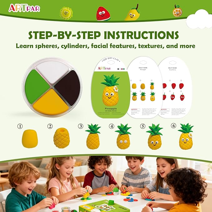 ARTPAR Air Dry Clay Kit for Kids - 12 Fruit DIY Modeling Magic Clay, Soft & Non-Sticky with Tools & Tutorials, Perfect for Classroom Art Activities,School Crafts & Party Favors Birthday Gifts