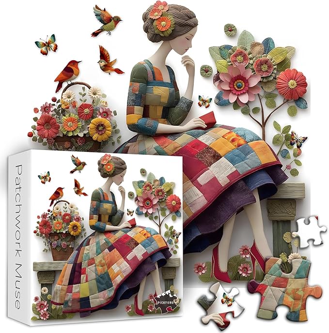Floral Muse Jigsaw Puzzle 1000 Pieces for Adults, Patchwork Quilting Art Puzzle with Flowers Birds,Woman Flower Garden Themed, Handmade Style Sewing Puzzle Challenge