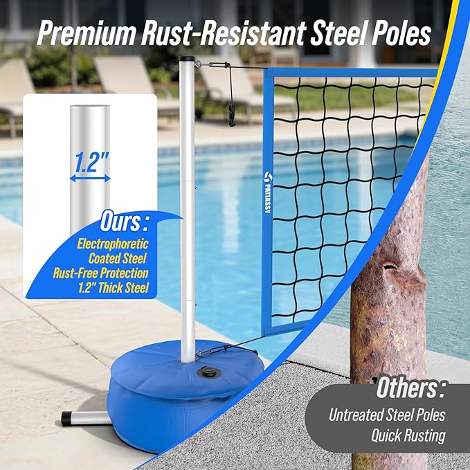 Pool Volleyball Net Set for Inground/Above Ground with Adjustable 15-30FT Length, Pool Games for Adults and Family, Poolside Volleyball Nets with Ball, Pump, Heavy Duty Poles, Weighted Base