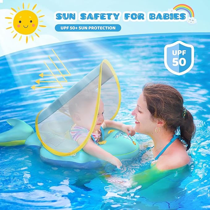 No Flip Over Baby Pool Float with Canopy UPF50+ Sun Protection, Inflatable Baby Float with Sponge Safety Support Bottom, Fun Gifts Water Toys Accessories Baby Swim Floats for Pool 3-36 Months