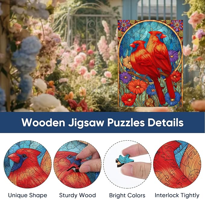 Wooden Puzzles for Adults, Wooden Cardinal Puzzle, Fun Educational Jigsaw Puzzle, Home Decorative Gift, Relaxing Wood Puzzle Game for Family & Friends, 200 Pcs, 8.9×11.8in
