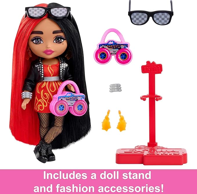Barbie Extra Minis Doll & Accessories with Red & Black Hair Wearing Flame-Print Dress & Moto Jacket, 5.5-inch