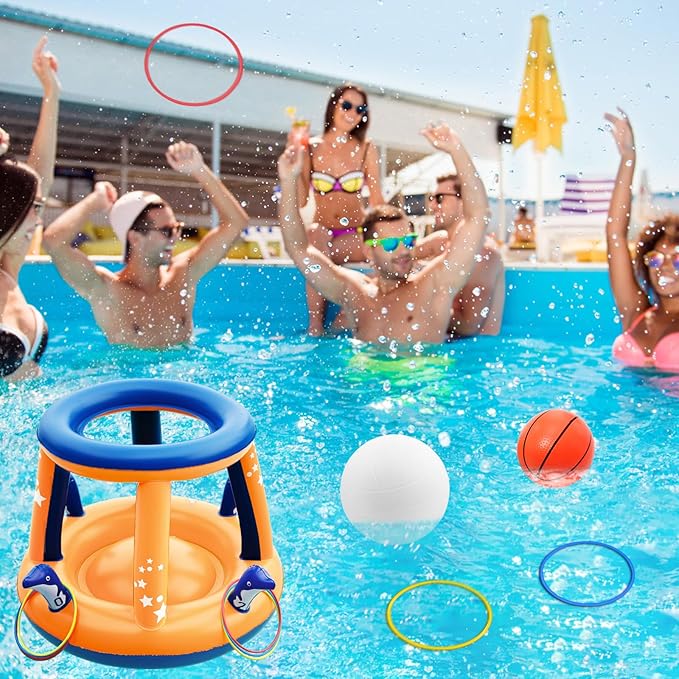 Jasonwell Pool Toys Games Set - 3 in 1 Pool Volleyball Net Basketball Hoop Ring Toss Game Inflatable Floats Water Floating Volleyball Swimming Pools Games Party Gift for Kids Adults (Orange&Blue, L)