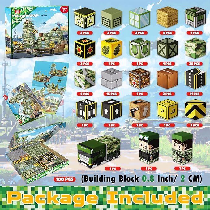 100PCS Magnetic Blocks - STEM Magnetic Building Blocks for Kids Military Construction Cube Toys Games, Educational Sensory Stacking Magnets Cube Toys for Kids Easter Birthday Gifts Boys & Girls