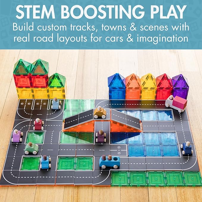 Learn & Grow Magnetic Tiles Road Expansion Pack - 40PCs Road Toppers Set for Cars, STEM Learning & Building Toy - Magnetic Tile Accessories for Kids 3+, Toddler - Add Car Roads to Any Magnet Tiles Set