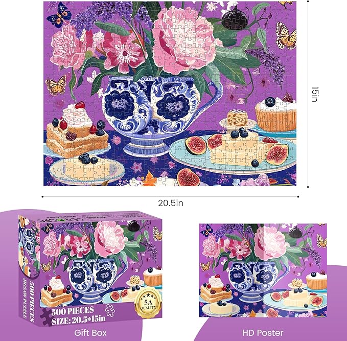 500 Piece Jigsaw Puzzles for Adults, Elegant English Tea Party Puzzles, Fun and Challenging Puzzle for Family Time, Relaxing Gift for Adults,Seniors, Age 12+, 20.5 x 15 in