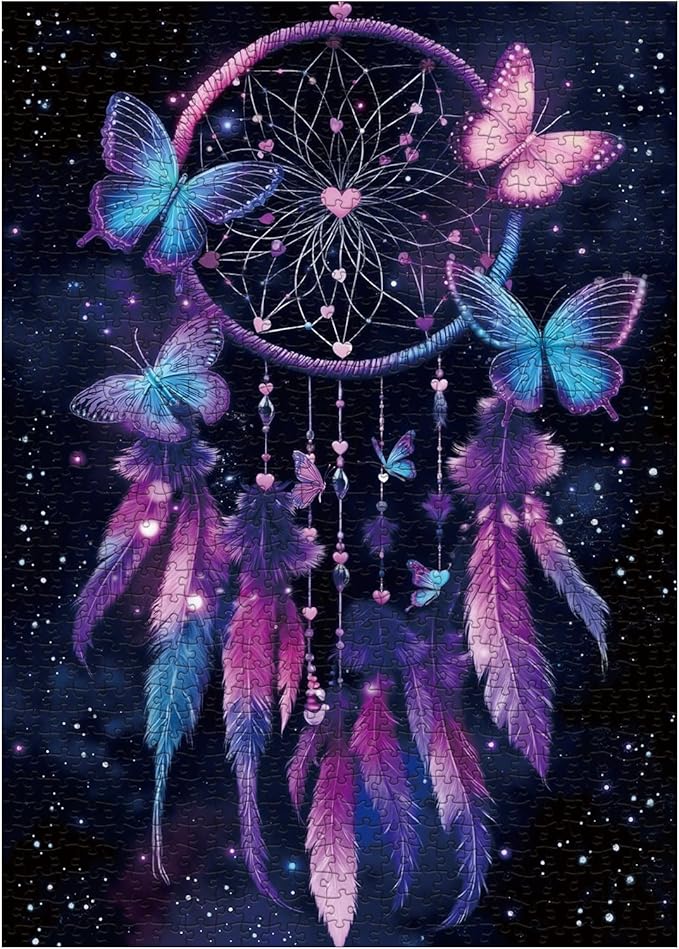 Gradient Butterfly Dream Catcher Puzzle for Adult 1000 Piece, Fantasy Starry Night Jigsaw Puzzle, Purple Art Challenging Puzzle as Home Decor