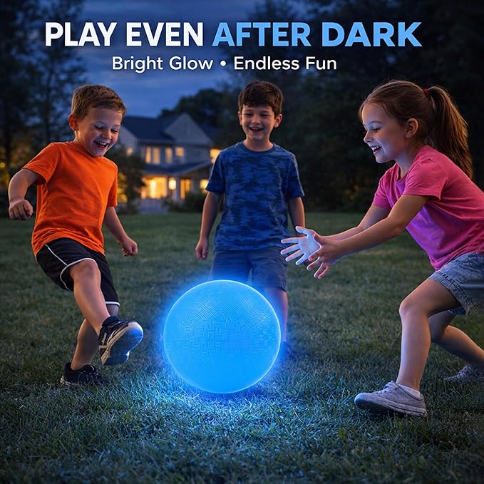 2 Pack Glow in The Dark Kickball, 8.5 Inch Light Up Playground Ball with 2 Mesh Bags & Hand Pump, No Battery Needed, Charge by Sunlight or Indoor Light,Gift Box