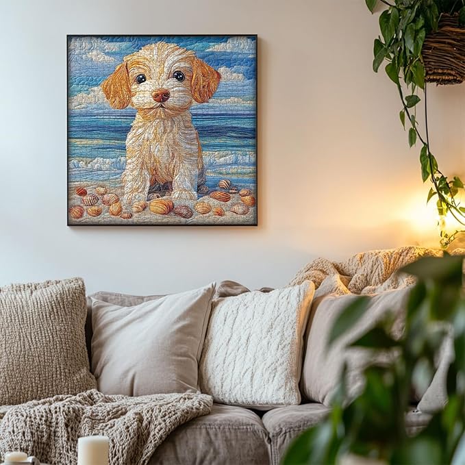Beach Dog Puzzles 1000 Pieces for Adults, PICKFORU Fabric Art Patchwork Quilt Jigsaw Puzzles, Summer Seaside Puppy Theme as Home Decor