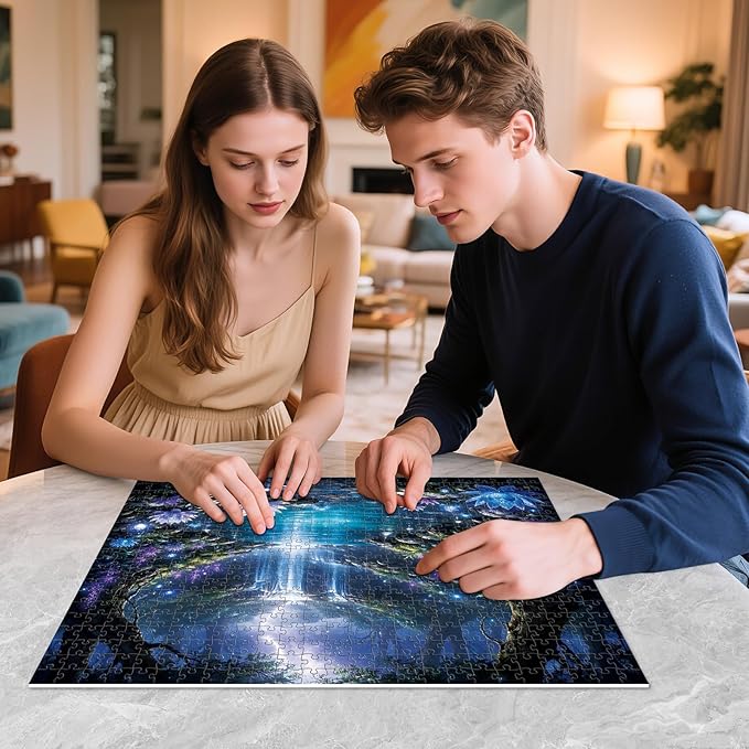 500 Piece Puzzles for Adults, Enchanted Waterfall Lotus 500 Piece Puzzle, Magical Forest Stream Jigsaw Puzzle, Perfect for Family Time, Stress Relief, Gift for Adults, Seniors, 20.5 x 15 in