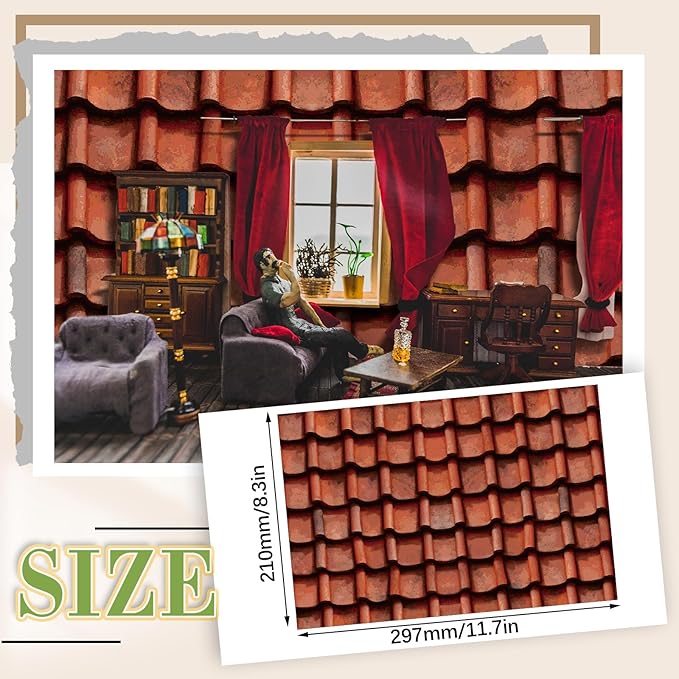 Flutesan 12 Pcs Miniature Dollhouse Wallpaper and Flooring Peel and Stick Mini DIY Self Adhesive Dollhouse Accessories 8.27 x 11.69 Inch (Roof Tiles Clay)
