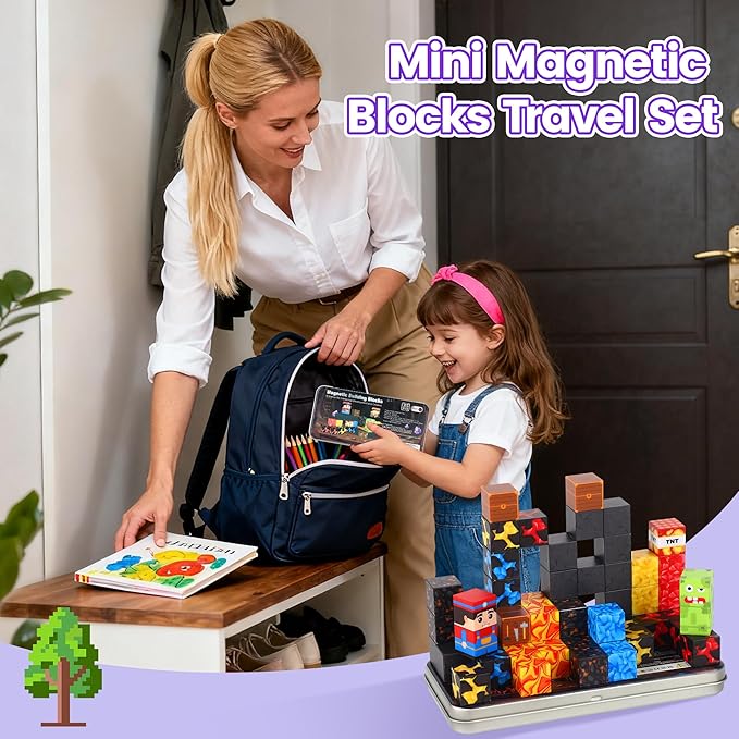 35PCS Magnetic Blocks Travel Set, Mini Magnetic Blocks Travel Toys for Kids Ages 3-5 4-8, Portable Magnet Cubes STEM Learning Toys with Portable Iron Storage Box Christmas Birthday Gifts