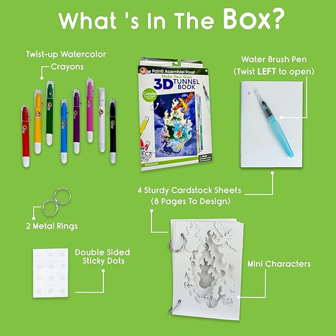 EyeConnect Crafts Make Your OWN 3D Tunnel Book - Dragons | Medium Size DIY Book Art & Craft Kit | Build, Paint & Draw Your Own Book with Mini Animals | Award-Winning STEAM Stationary Set | Ages 3+