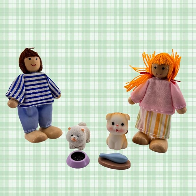 12 Pieces Wooden Dollhouse Family Set with Dog Cat Mini People Figures Dollhouse Dolls Wooden Doll Family Pretend Play Figures Accessories for Pretend Dollhouse(Style 2)
