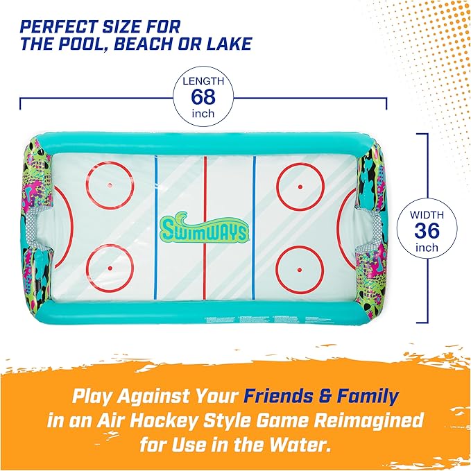 SwimWays Hydro Hockey Inflatable Water Floating Table Hockey Set, Pool Toy for Kids Ages 5+