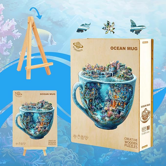 Wooden Puzzles for Adults, Ocean Mug Wooden Jigsaw Puzzle for Adults, Unique Shaped Wood Puzzles Adult, Dreamy City Scenery Puzzle, Fun Gifts & Home Decor (L-13.4 * 13.4in - 245 pcs)