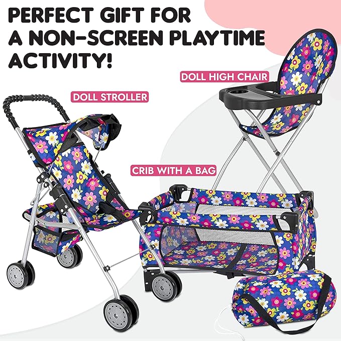 Fash n olor 3 Piece Baby Doll Play Set Flower Design Includes - Foldable Pack N Play, Baby Doll Stroller, Baby Doll High Chair, Fits Up to 18'' Dolls 3 Piece Doll Accessories Set, Best Gift for Girls
