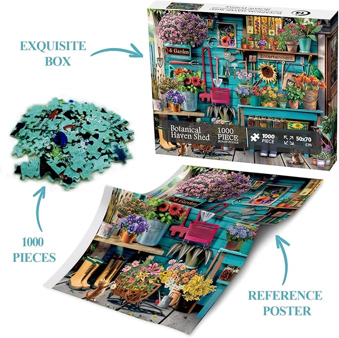 Flower Plant Gardening Puzzle 1000 Piece for Adults, Spring Nature Garden Jigsaw Puzzle, Cat Colorful Cabin Puzzles