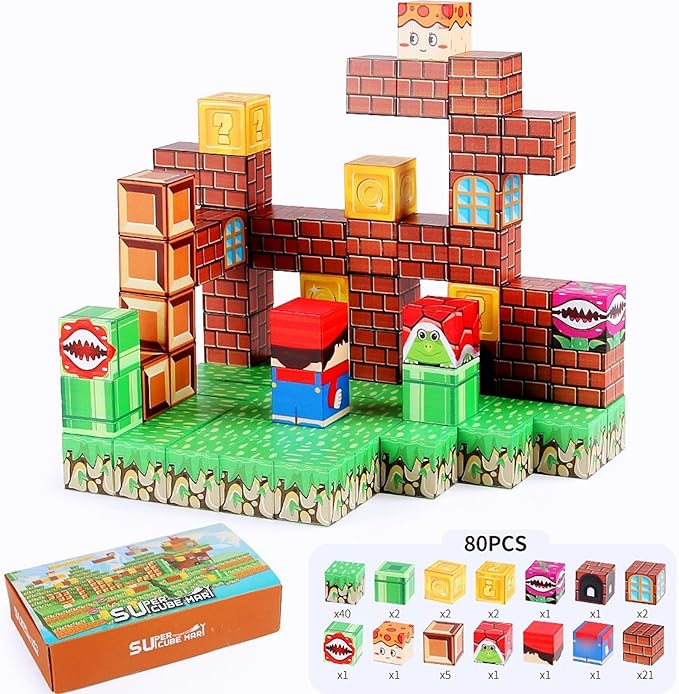 Magnetic Blocks - 80Pcs Building Cubes Adventure Game Set, Building Blocks STEM Sensory Creative Toys Games for Kids Boys & Girls