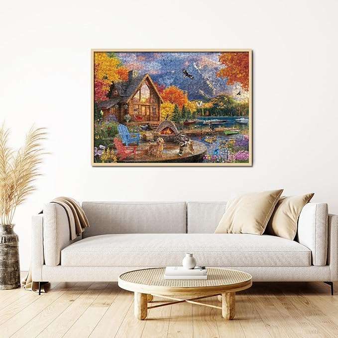 Fall Autumn Landscape Puzzle for Adults 1000 Pieces Nature, Colorful Cozy Jigsaw Puzzle, Cat Puppy Flower Bird Puzzle
