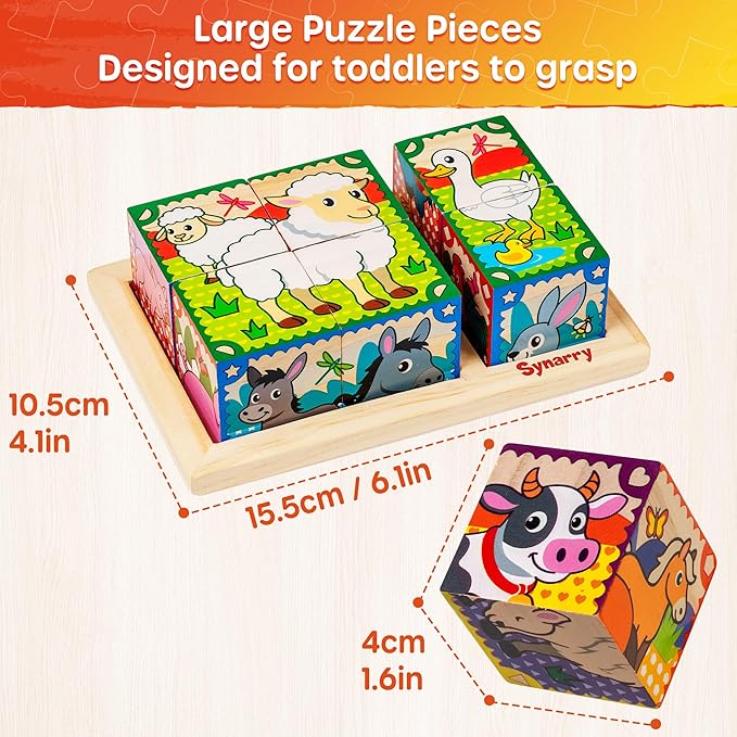SYNARRY Wooden Puzzles for Toddlers 1-3, Farm Jungle Ocean Animals Puzzles for Toddlers 2-4, Wooden Cube Puzzle with Storage Tray, Large Block Montessori Toys for 1 2 3 Year Old, Easter Gifts for Kids