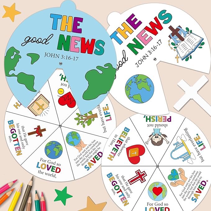 COcnny Religious Christian Craft Activities - 24 Sets John 3:16 Coloring Crafts for Kids, Color Your Own Bible Wheel Cards, DIY Jesus Biblical The Good News Art Paper Game for Sunday School Class Home