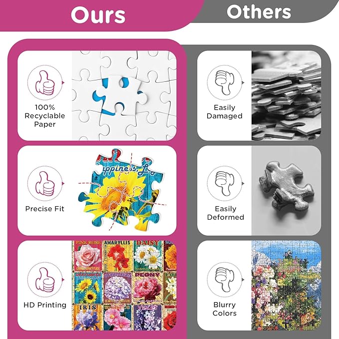 500 Pieces Puzzle for Adults, Colorful Flower Collage Puzzles, Recycled Cardboard Large Pieces Vintage Flower Jigsaw Puzzles 500 Piece,Challenging Game Birthday Party Gift for Adults Seniors 20.5*15in